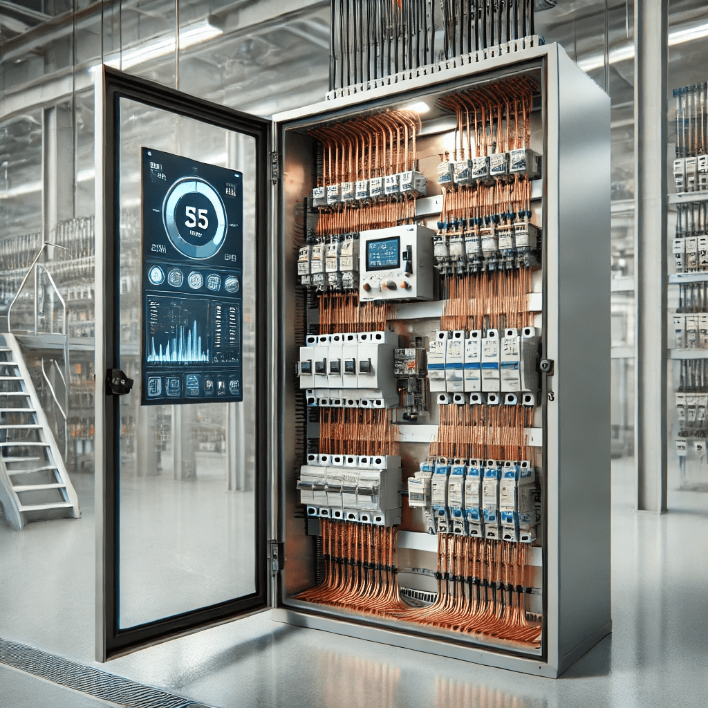 DALL·E 2025-02-21 11.52.01 – A high-tech industrial electrical panel with smart sensors, copper busbars, and automation controls, set in a clean, modern factory environment. The p